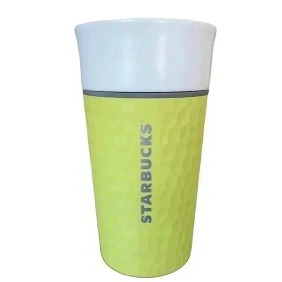 Starbucks Tennis Ball Tumbler 2016 Yellow White Ceramic Travel Mug  Rare 12 OZ - Picture 1 of 8